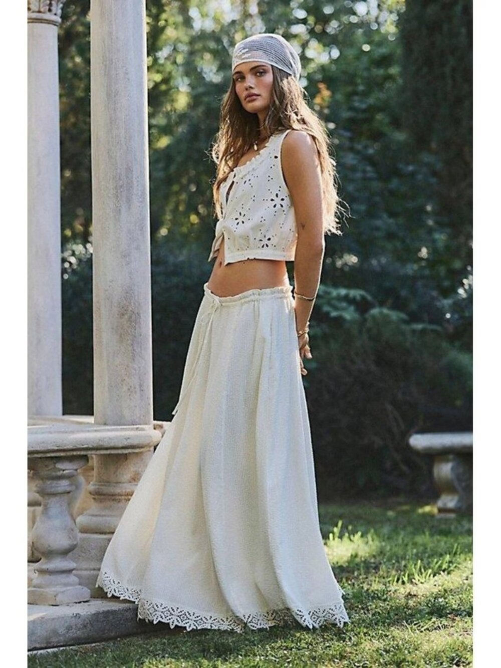 Free People Madelyn Cotton Maxi Skirt Ruffle Eyelet Lace Seersucker XL 290441